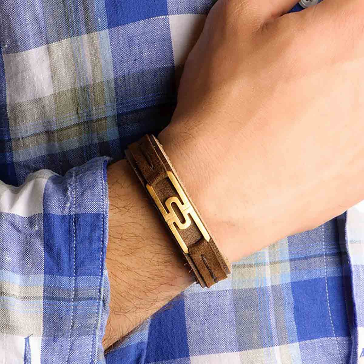 دستبند چرم و طلا  کد BM095