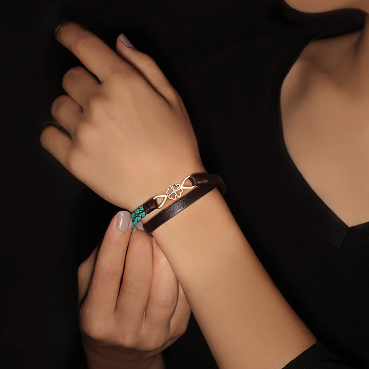 دستبند چرم و طلا  کد BM085-2