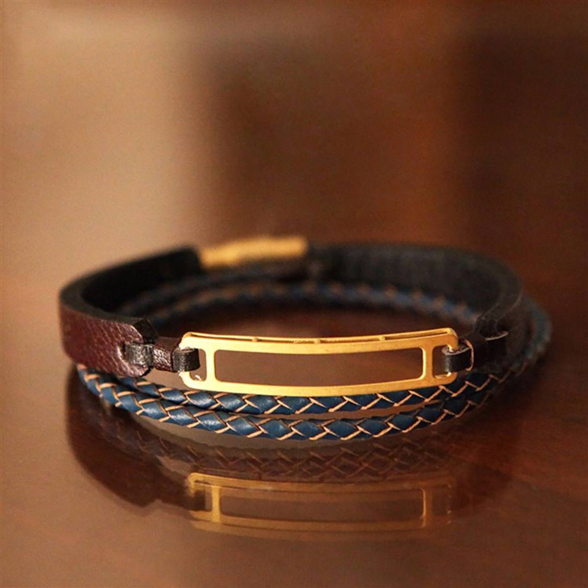 دستبند چرم و طلا  کد BM236-2