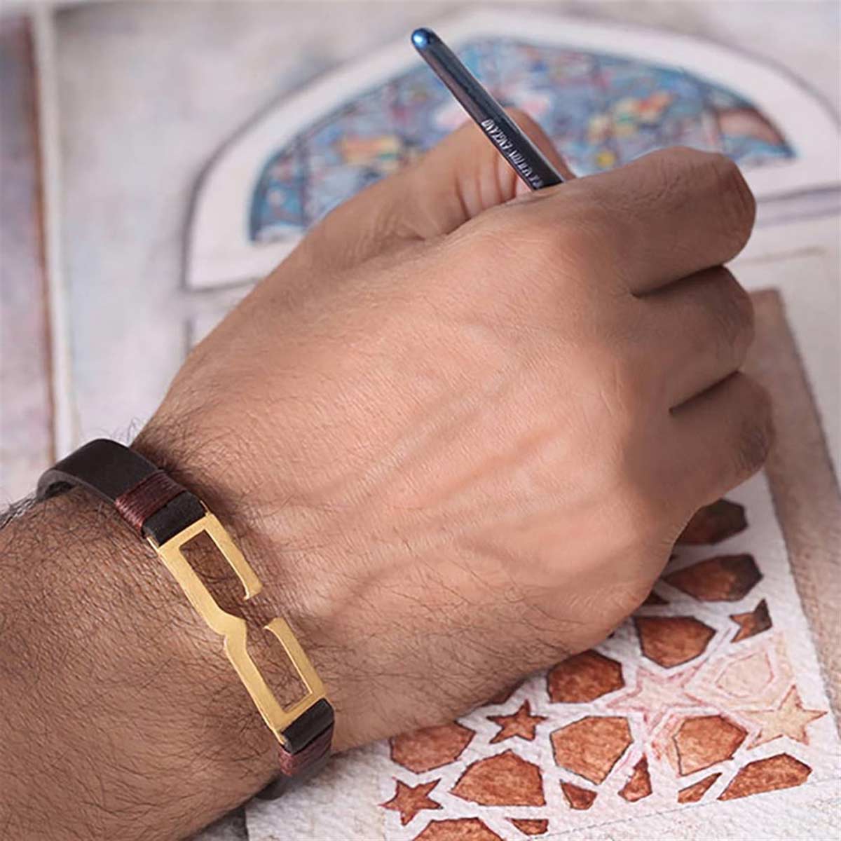 دستبند چرم و طلا  کد BM177