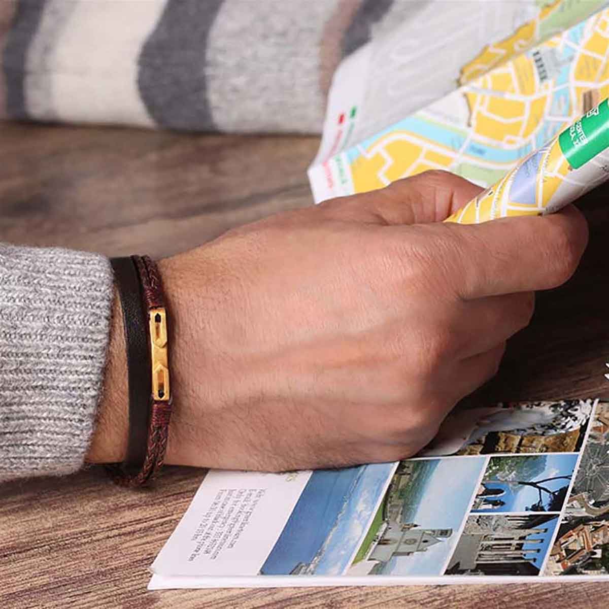 دستبند چرم و طلا  کد BM270-2